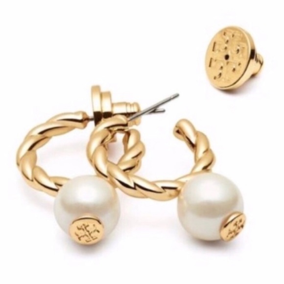 TORY BURCH • Rope Logo Bead Hoop Earrings - Picture 4 of 5